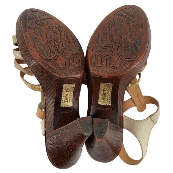 Born Sandal High Heels Womens Gold Brown Metallic Leather Strappy buckle sz 11 - Picture 6 of 9